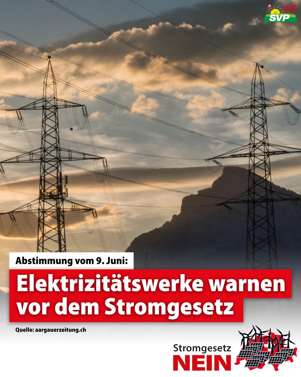 Abstimmung vom 9. Juni: Elektrizitätswerke warnen vor dem Stromgesetz - damit würde die Stromversorgung nicht sicherer und erneuerbarer - sondern teurer und komplizierter. Deshalb: Sagen auch Sie am 9. Juni NEIN zum Stromgesetz!     aargauerzeitung.ch/aargau/kanton-…