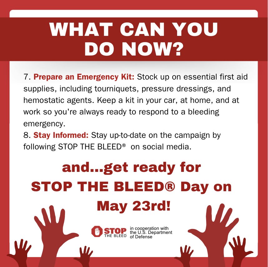 #STOPTHEBLEED Month has officially kicked off and we are just 3 weeks out from STOP THE BLEED® Day! What are your plans for this May? See below for what you can do NOW to participate! #raiseyourhand