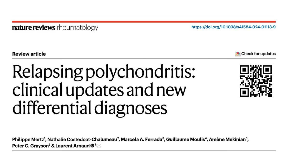 ✅ Very happy to share with you the link to our latest @Nature Review #Rheumatology on relapsing #polychondritis ⬇️ With @MertzP et Coll., we dig deep into the main differential diagnoses, including #VEXAS 👍 Read only at the following LINK:rdcu.be/dGxy6