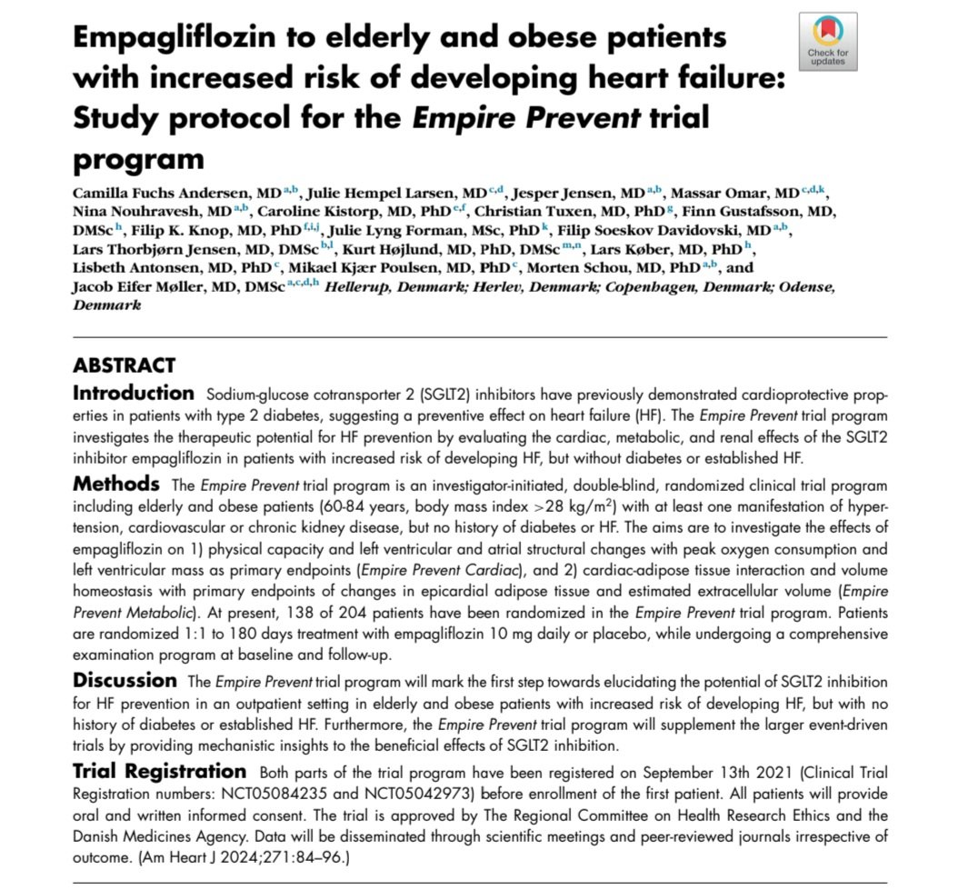The Empire Prevent trial program marks the first step towards elucidating the potential of SGLT2 inhibition for HF prevention 🫀🫀

Further reading: pubmed.ncbi.nlm.nih.gov/38365073/

<a href="/CardResearchOuh/">Research Unit of Cardiology, OUH</a> <a href="/HGHHjerte/">Herlev og Gentofte hosp afd for hjertesygdomme</a>  <a href="/RigsHeart/">RigsHeart 🫀🚨</a>  <a href="/jhempelheart/">Julie Hempel</a> <a href="/FuchsAndersen/">Camilla Fuchs Andersen</a> <a href="/mortschou/">morten schou</a>