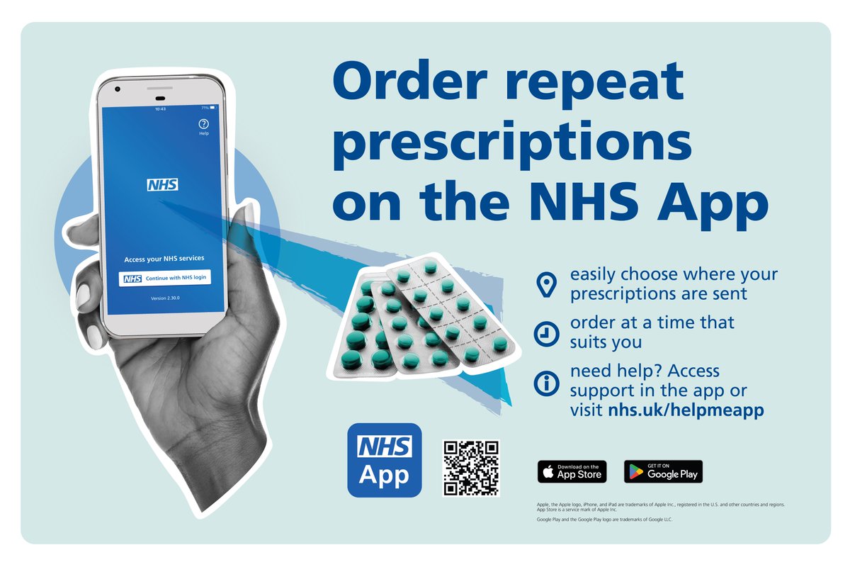 Did you know you can manage repeat prescriptions in the NHS App? 

You can choose where your prescriptions are sent, order at any time that suits you. There’s no need to wait to join a telephone queue or wait until the GP surgery opens.