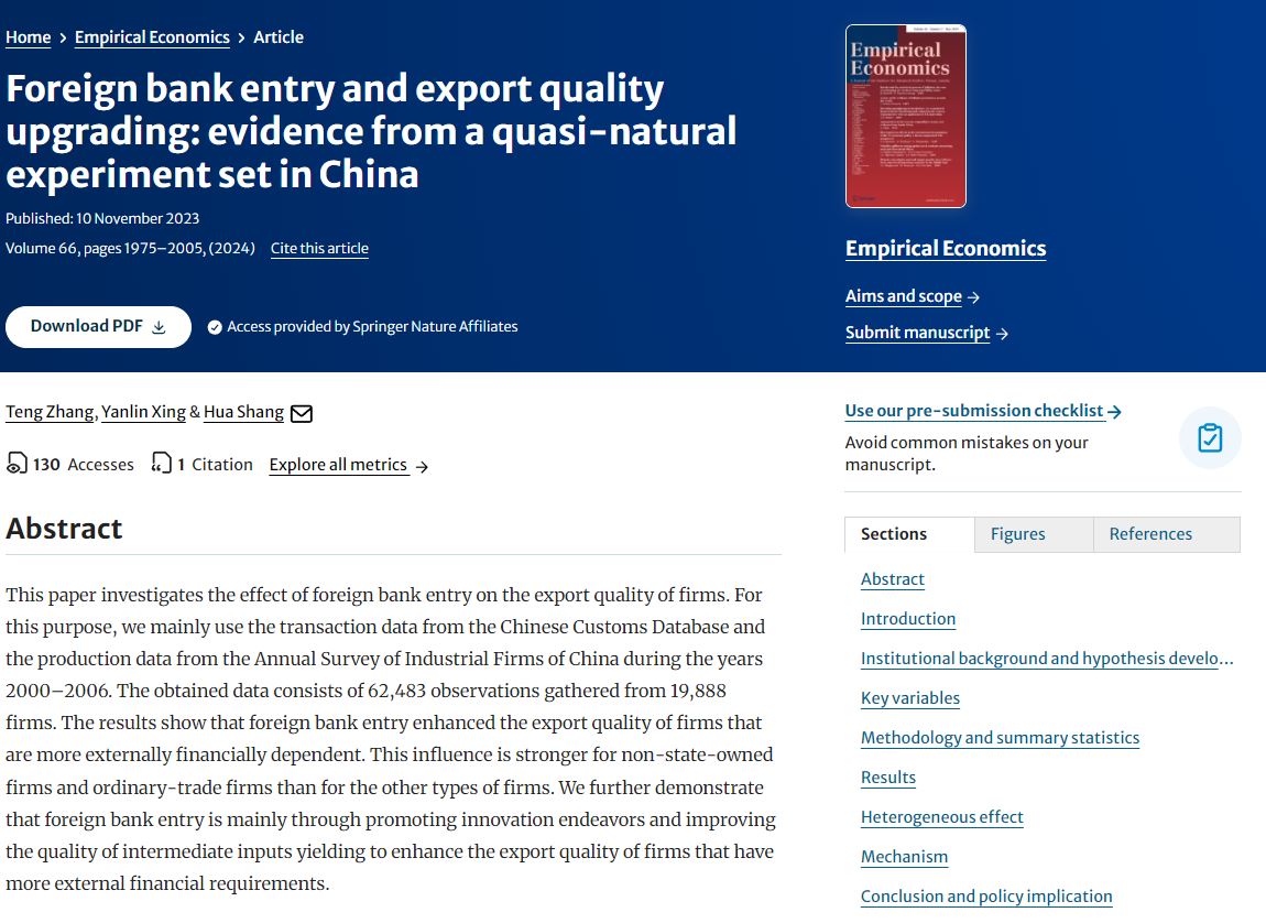 🔓You have free access to this article from Empirical Economics via Springer Nature #SharedIt initiative: Foreign bank entry and export quality upgrading: evidence from a quasi-natural experiment set in China rdcu.be/dFoRd @IHS_Vienna