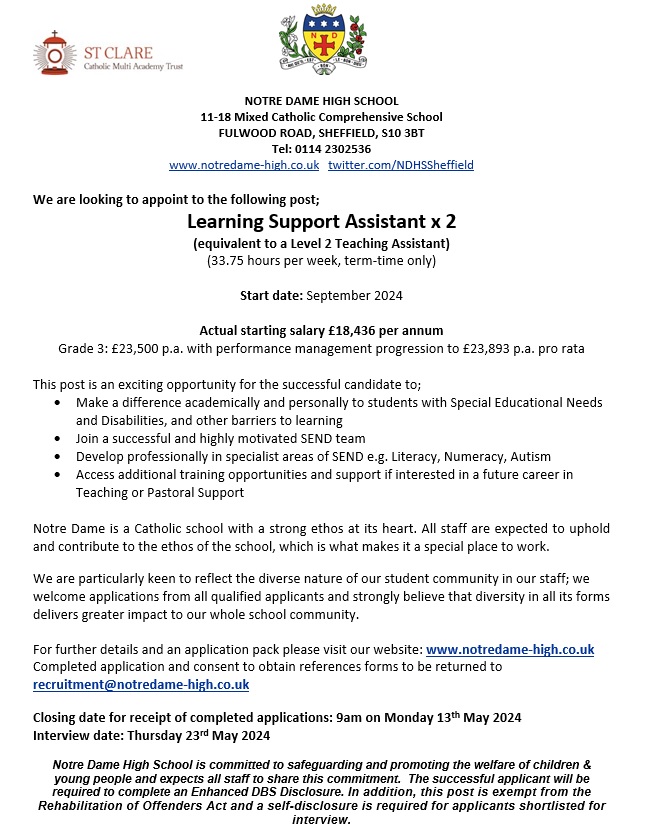 We currently have an exciting #jobopportunity for two Learning Support Assistants to make a difference to students with SEND and other barriers to learning. Please visit notredame-high.co.uk/vacancies/lear… for further information. Closing date 9am on Monday 13th May.