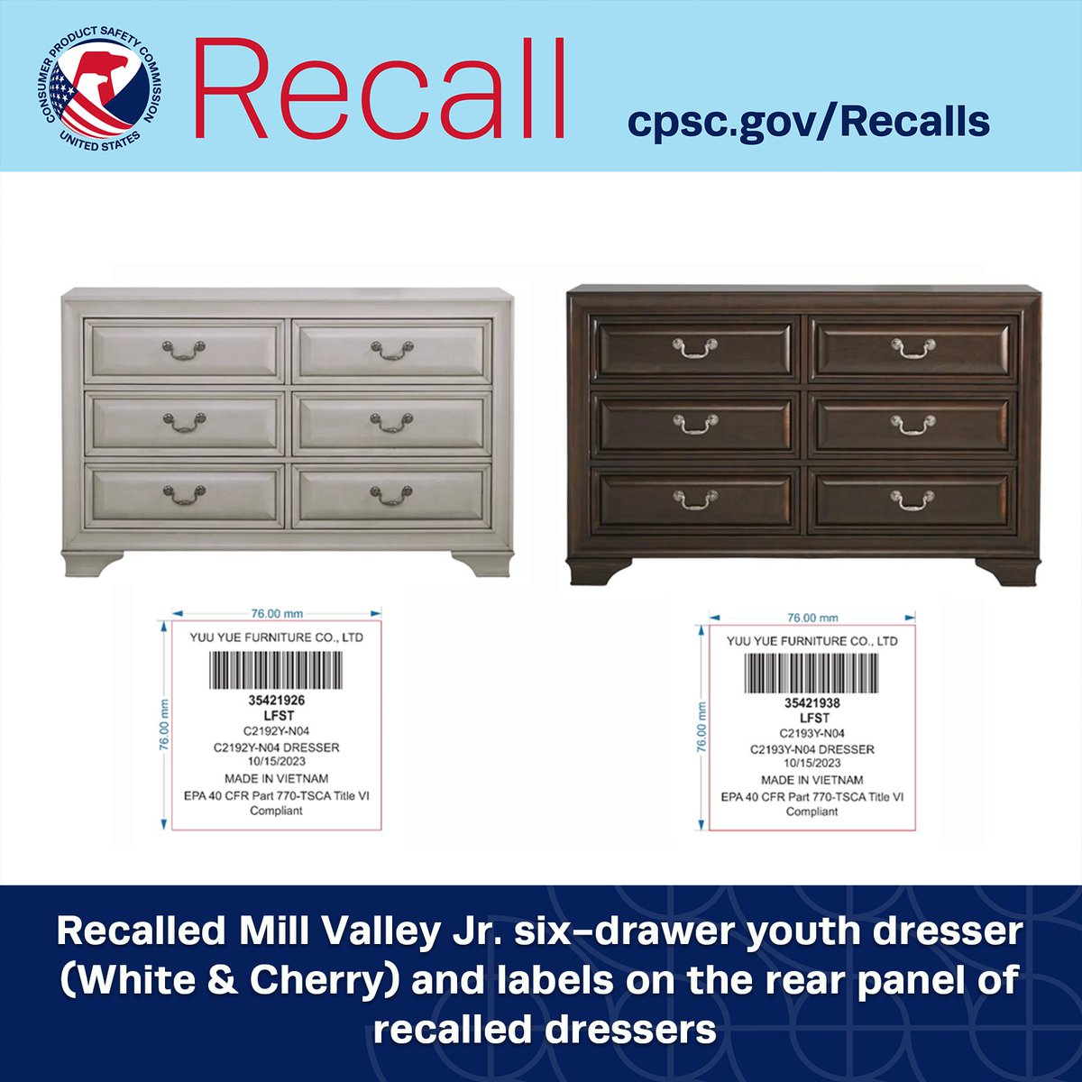 #RECALL: Mill Valley Jr. six-drawer youth dressers sold exclusively at Rooms To Go violate the performance requirements of the STURDY Act. Tip-over & entrapment hazards. Get replacement. CONTACT: 855-688-0919 or MillValleyJuniorRecall.com. Recall release: cpsc.gov/Recalls/2024/C…