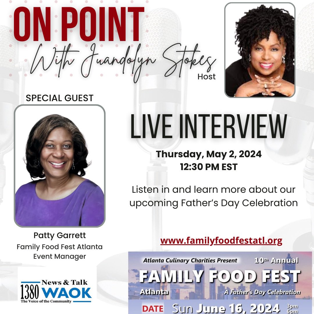 Hey Y’all. Check it out. Tune in to OnPoint with Juandolyn Stokes today at 12:30 PM on WAOK 1380 News & Talk. Family Food Fest Atlanta event manager Patty Garrett will be discussing this year‘s events, upcoming activities and the legacy of our late founder, Diane Larché.
