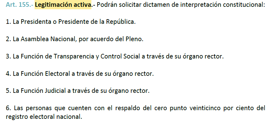 MartinezMolinaM's tweet photo. 👁🗨 ¿Quiénes tienen #LegitimaciónActiva para solicitar un dictamen de interpretación de una norma constitucional?
De acuerdo el Art. 155 de la #LOGJCC establece los sujetos con legitimación activa para plantear una acción de interpretación son los siguientes: ⬇️ https://t.co/Lpw3v6fKKJ