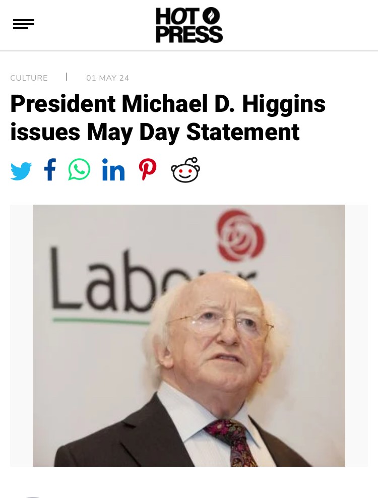 President Michael D. Higgins welcomes Trade Union Week “Join the union, and in protecting and redefining the world of work, together build a decent, fulfilling world”! joincwu.ie #BetterInATradeUnion #RespectAtWork #mayday #cwuireland #organise #recognise