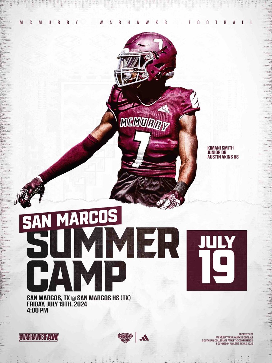 And 4 more opportunities!!!

McMurry Football Summer Camps:
- Waco (Waco), Wed July 17
- Georgetown (Georgetown HS), Thurs July 18
- Cypress (Cy-Ridge HS), Fri July 19
- San Marcos (San Marcos HS), Fri July 19

apply.mcm.edu/register/2024f…

#WarHawksFAW