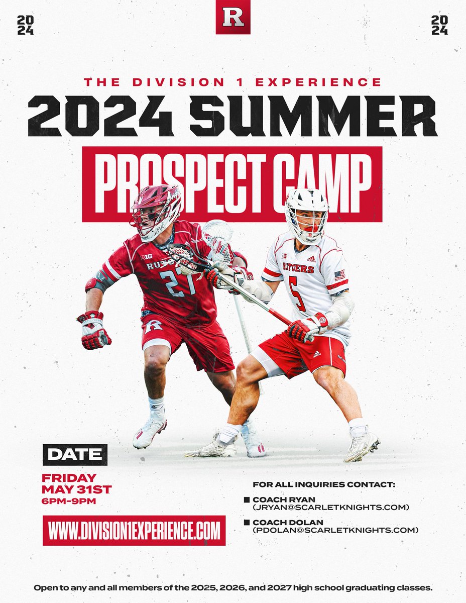 🚨Prospect Day Registration is live 🚨 📅: Friday, May 31st 6:00pm-9:00pm Open to members of the 2025, 2026, and 2027 High School Graduation classes! 🔗: division1experience.leagueapps.com/camps Go RU 🛡️⚔️
