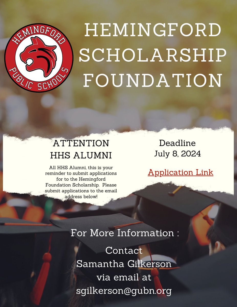 ATTENTION HEMINGFORD ALUMNI!  Please read attachment below!  Do not hesitate to contact Mrs. Gilkerson for any questions or concerns.
-Mrs. Gilkerson