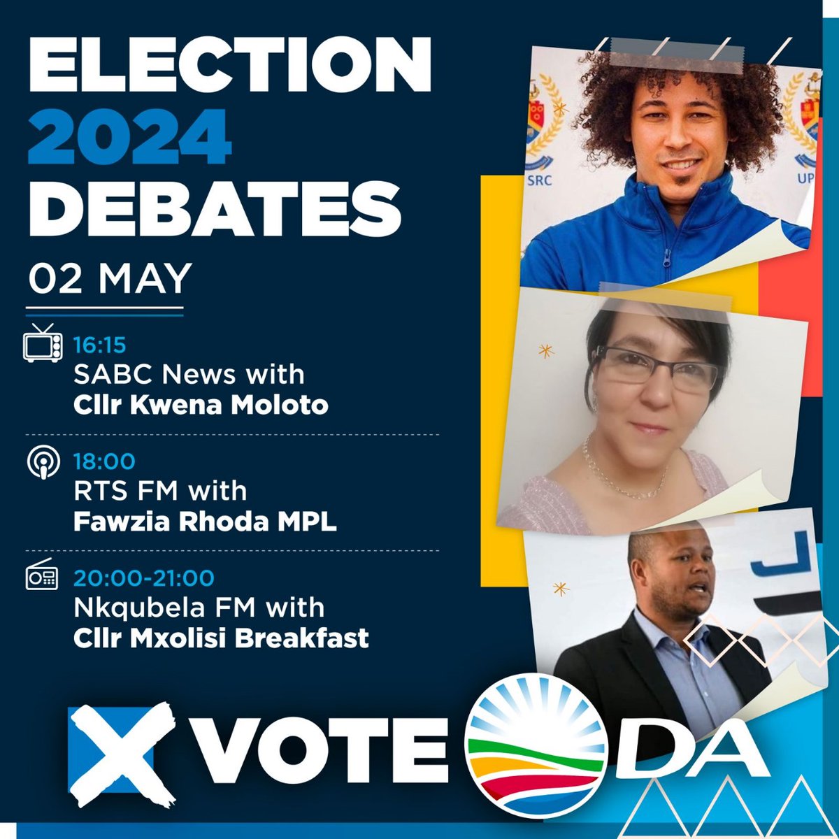 📺Tune in to these radio stations to catch our DA leaders live in the Election 2024 Debates. You do not want to miss out on the conversations. #RescueSA