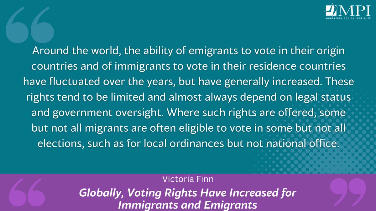 In recent decades, countries worldwide have been expanding voting rights to their diasporas as well as certain resident noncitizens In our Migration Information Source, @finn_vicki gives an overview migrationpolicy.org/article/immigr…