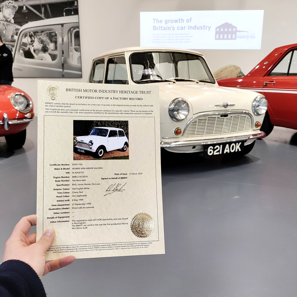 Celebrating 65 years of the Morris Mini-Minor 👏 The first production Morris Mini-Minor, 621 AOK, was built 8 May 1959 - as you can see on its Heritage Certificate! 📄 Want a Heritage Certificate for your British classic? Find out more here 👇 shop.britishmotormuseum.co.uk/collections/ce…