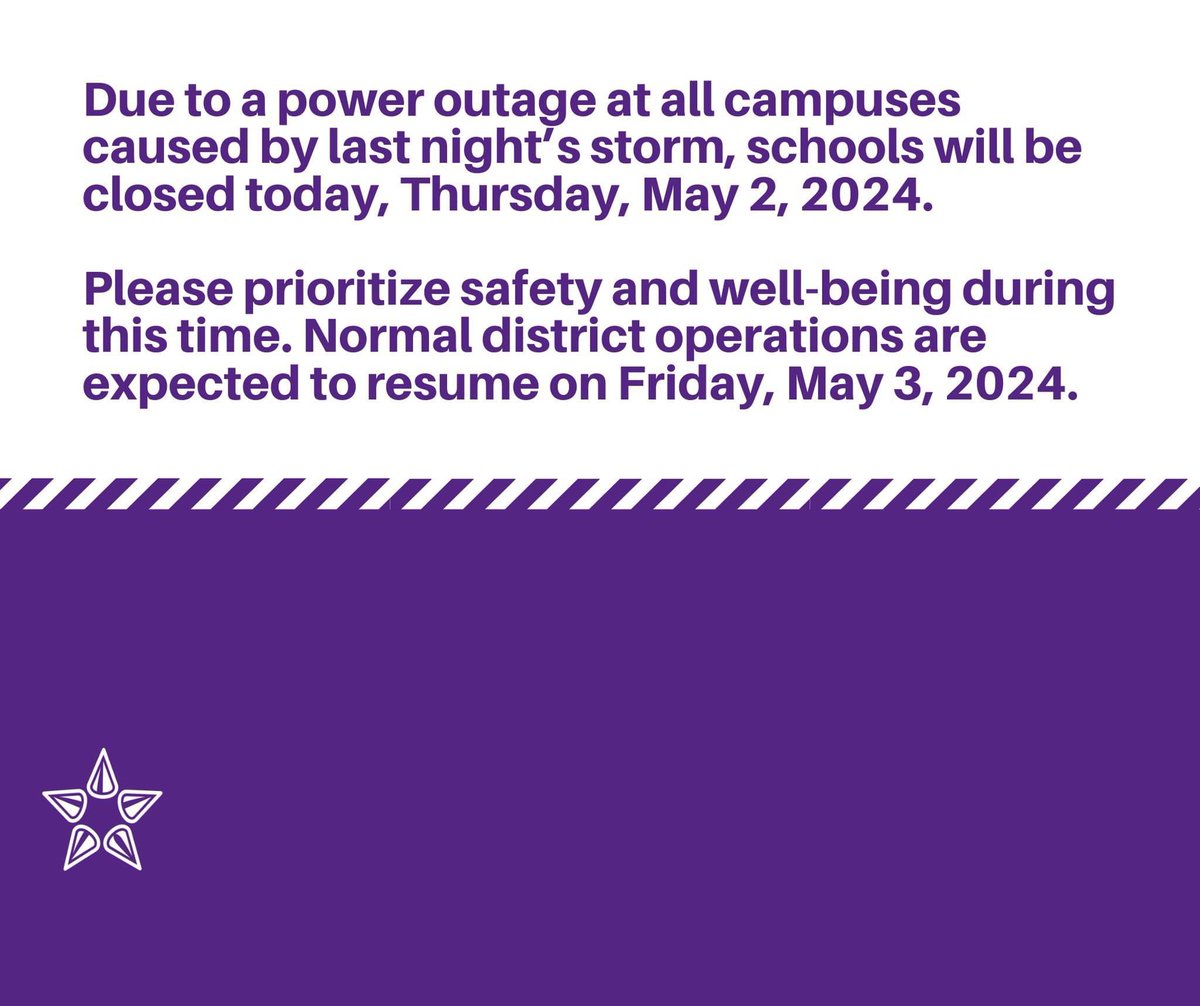 *Marlin ISD Closed Today* Due to a power outage at all campuses caused by last night’s storm, schools will be closed today, Thursday, May 2, 2024. Normal district operations are expected to resume on Friday, May 3, 2024. We will post updates as they become available.