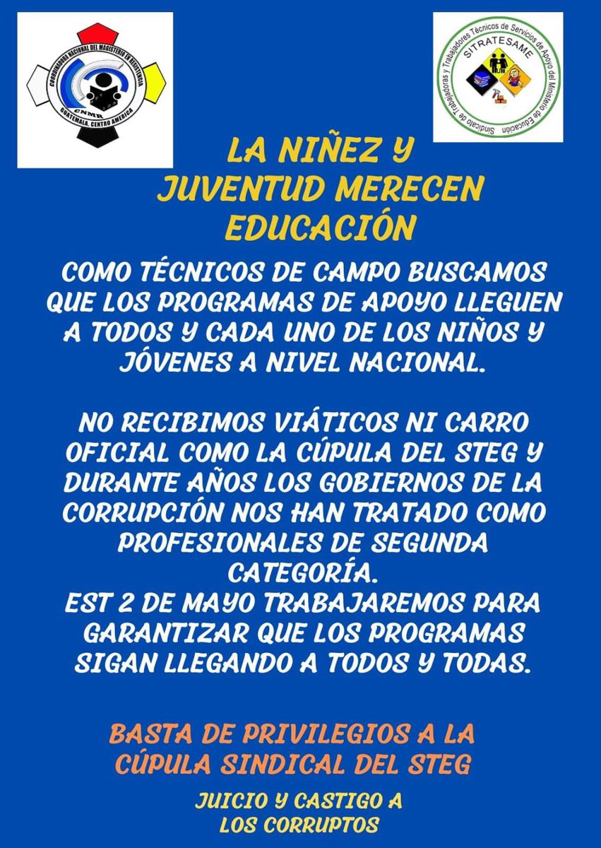 📝El Sindicato de Maestras y maestros del departamento de #Guatemala, la Coordinadora Magisterial  Marquense, la Asociación Magisterial Marquense y la Coordinadora Nacional del Magisterio en #Resistencia: no se prestan a los intereses de Joviel Acevedo 👇🏽