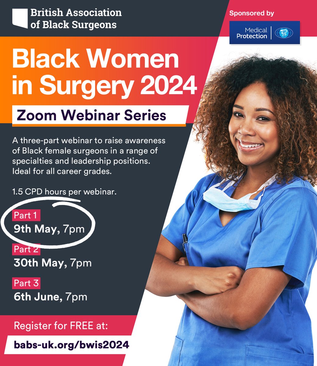 Part 1 of our Black Women in Surgery series takes place next week on Thursday 9th at 7pm BST. We speak with three surgeons in training about the opportunities available in leadership, research, and innovation. Ideal for all career grades! Register FREE: shorturl.at/flBX8