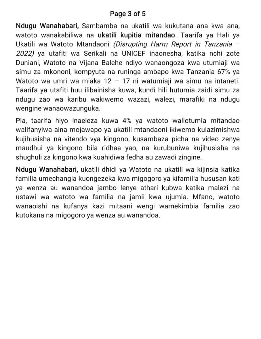 Kuelekea Siku ya Familia Duniani tarehe 15 Mei, 2024; Je wajua kuwa: 1. Siku hizi ukatili siyo wa ana kwa ana tu bali upo na ukatili wa mitandaoni? 2. Je unajua kuwa watoto ni watumiaji wazuri wa mitandao na wengi hutumia bila uangalizi wa watu wazima na matokeo yake hukatiliwa