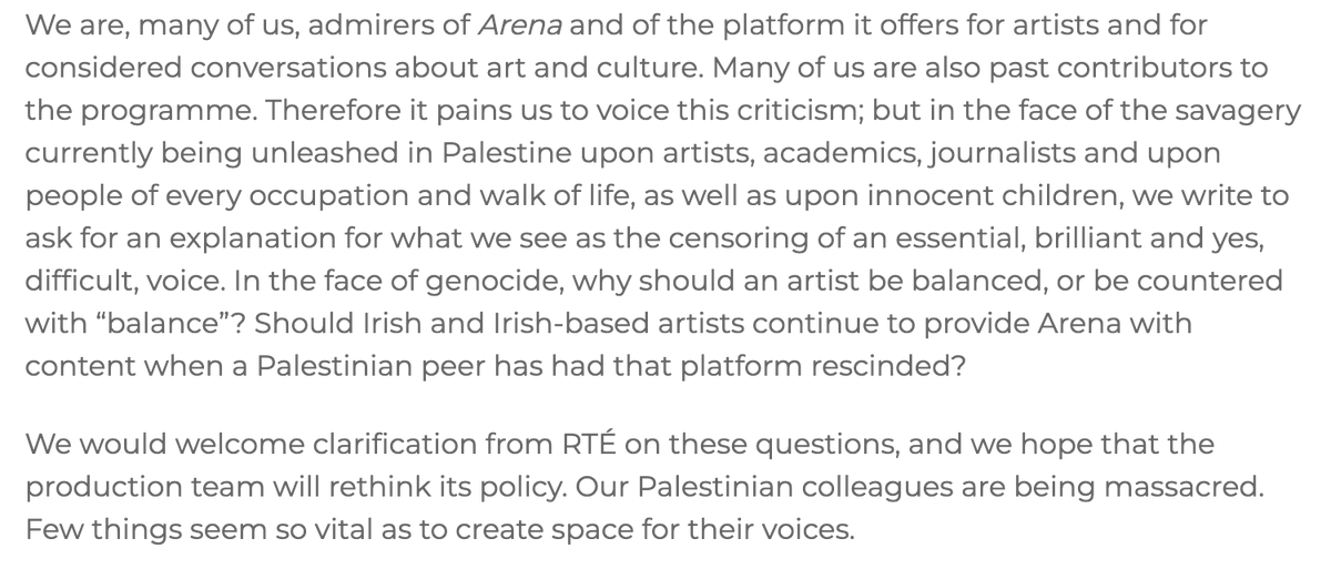 Powerful letter from staff & writers @MaynoothEnglish @paullynchwriter about @RTEArena's deplatforming of the brilliant @RafeefZiadah — calling on @rte to provide clarification academicsforpalestine.org/2024/05/02/let…