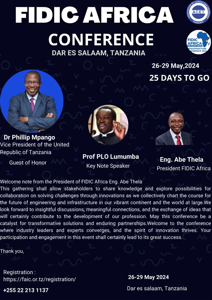 Join FIDIC Africa President - Eng Abe Thela, distinguished speakers and delegates. 
Be part of the discussion aimed at identifying issues, addressing challenges and creating new opportunities to secure sustainable development. 
 
REGISTER NOW for FAIC24
 faic.or.tz