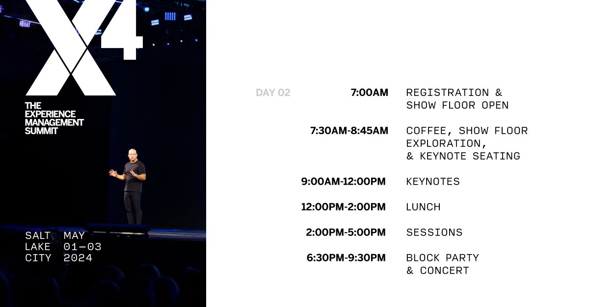 Good morning, X4! 🌟 Day 2 is here and it's packed! Kick off your morning with must-see keynotes and end the day on a high note with the Backstreet Boys! 🎤 Check the agenda for all the day's highlights. #QualtricsX4