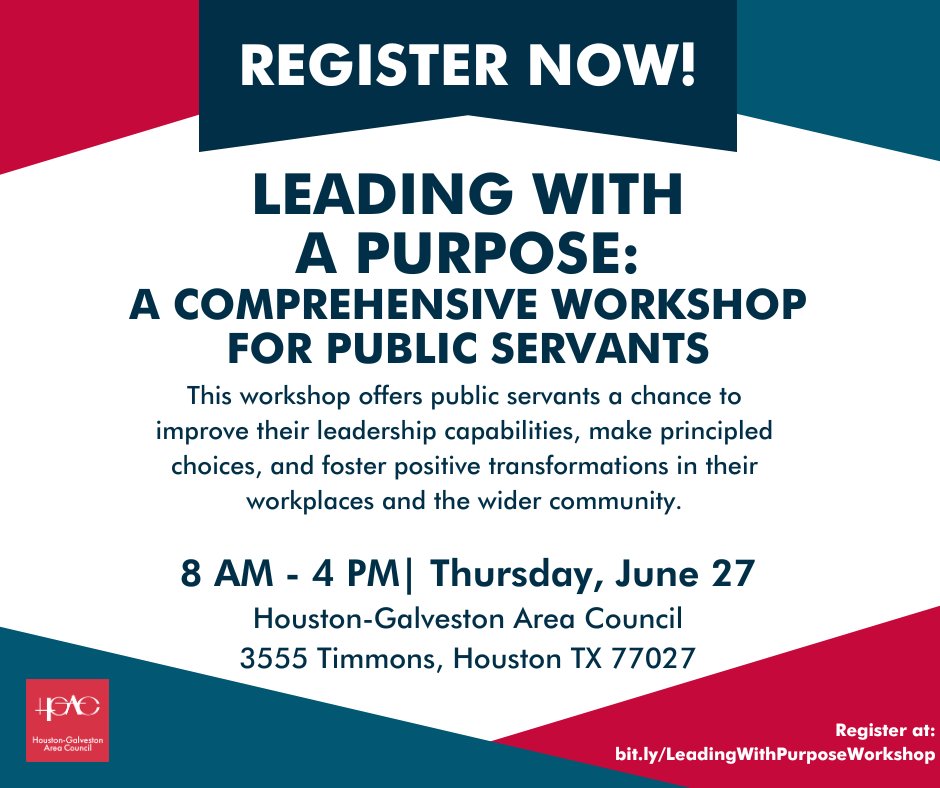 🌟 Embrace purpose-driven leadership! 🌟 Join us for 'Leading with Purpose: A Comprehensive Workshop for Public Servants' 🕒 Time: 8 a.m. to 4 p.m. 📅 Date: Thursday, June 27 📍 Location: H-GAC 2nd-floor offices, 3555 Timmons Ln., Houston, TX 77027 Discover how to enhance…