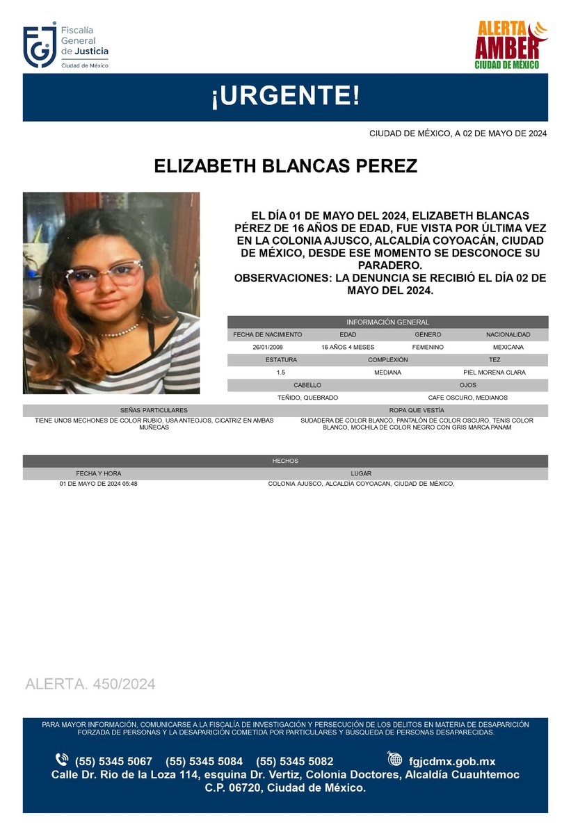 Se activa #AlertaAmber para localizar a la menor de 15 años de edad, de nombre Elizabeth Blancas Pérez, fue vista por última vez el día 1 de mayo de 2024 en la colonia Ajusco, alcaldía Coyoacán