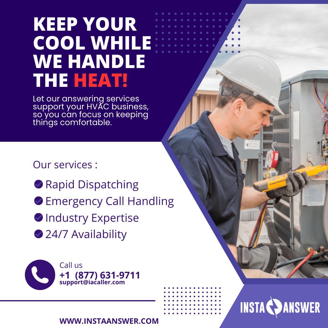Stay cool under pressure and let us handle your calls! Our answering services for HVAC companies keep your lines running smooth and efficient.

Call (877) 631-9711 or email support@iacaller.com to heat up your business!

#InstaAnswer #HVAC #CustomerSuccess #VirtualReceptionist