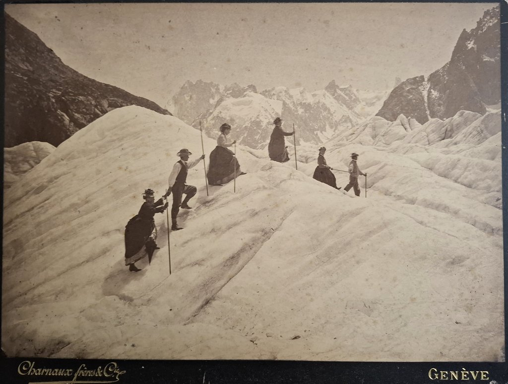 Today's #OnlineArtExchange theme is women in photography - so we're sharing this photograph of Ladies and Guides on the Mer de Glace circa 1886.

If you look closely you can see the steps cut into the ice by the guides.