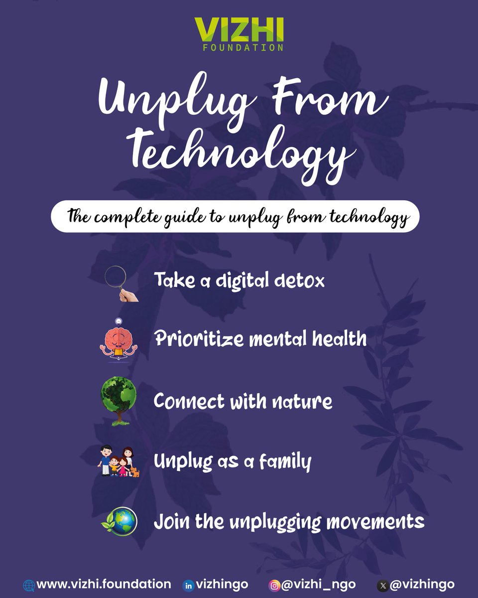 Disconnect to Reconnect - Take Time to Unplug from Technology and Refresh Your World! 

#digitaldetox #unplugchallenge #vizhifoundation #digitalwellbeing #digitalwellness #screentime #mentalhealth