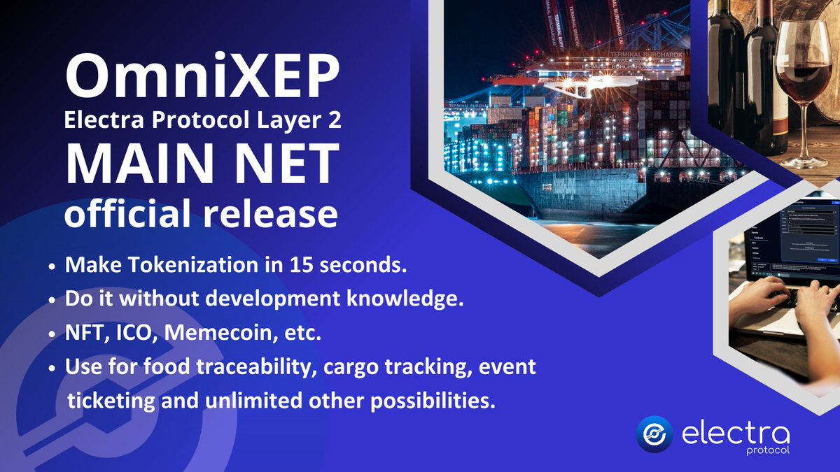 #XEP @ElectraProtocol #OmniXEP Made for real world use.

#Token and #NFT creation without any development knowledge. Use for #foodtraceability,#cargotracking, #ContainerShipping.  

#Blockchain $XEP #SmartContracts

#logistics #transportation #cargo #seafreight #FoodTraceability