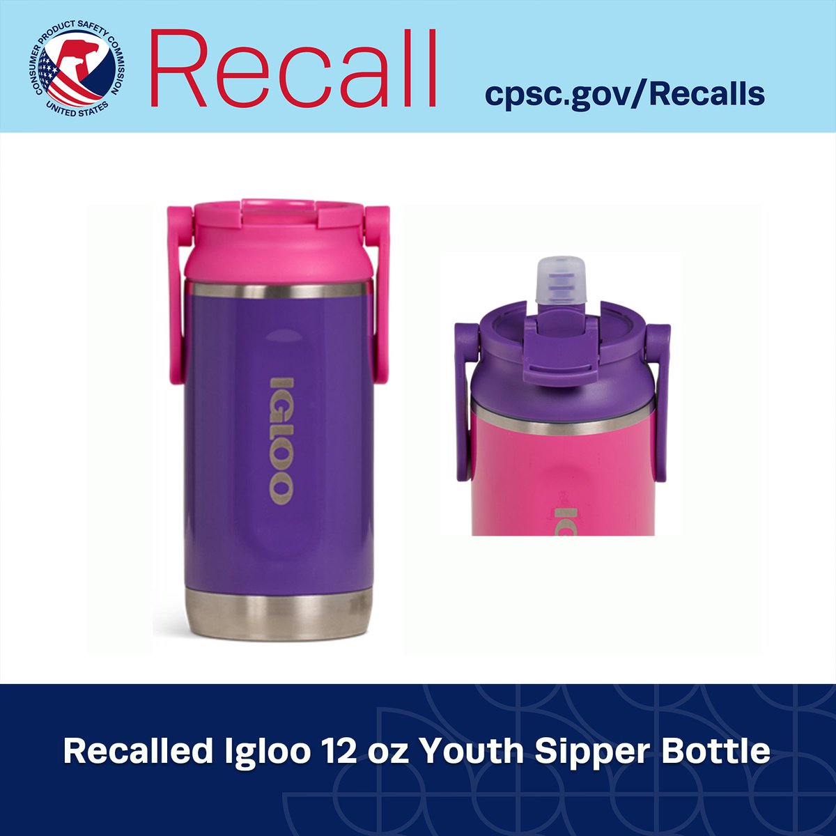 #RECALL: @iglooproducts Youth Sipper Bottles. The silicone cover on the sipper can detach while in use, posing a choking hazard to children. Get refund. CONTACT: 800-273-7024, email: customerservice@shop.igloocoolers.com or igloocoolers.com cpsc.gov/Recalls/2024/I…