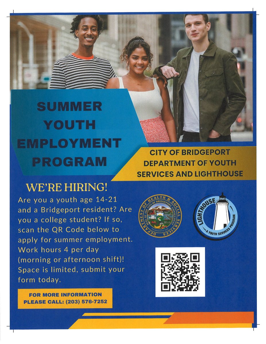 Employment opportunity for Bridgeport youth! The City of Bridgeport Department of Youth Services and The Lighthouse Program is looking for Bridgeport residents to join its summer employment program. For details, call (203) 576-7252