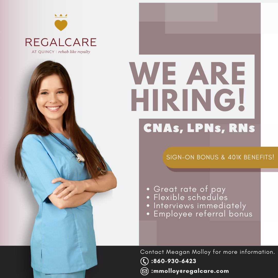 Your dream job in healthcare awaits! RegalCare at Quincy is hiring for all positions, offering excellent pay rates, employee referral bonuses, and much more!

Don't miss this opportunity to grow your career. Apply today and join our team!🌟

#HealthcareCareers #JoinOurTeam