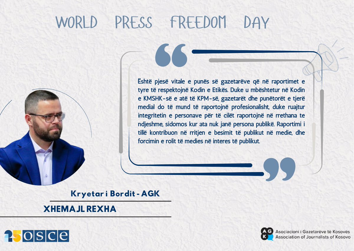 🗣️ Mesazhi i Kryetarit të Bordit të AGK-së, @xhemajl_rexha me rastin e shënimit të Ditës Botërore të Lirisë së Shtypit - 3 Maj. 📣Fushata online me mesazhe për Ditën Botërore të Lirisë së Shtypit, u organizua në bashkëpunim të ngushtë me @OSCEKosovo #AGK