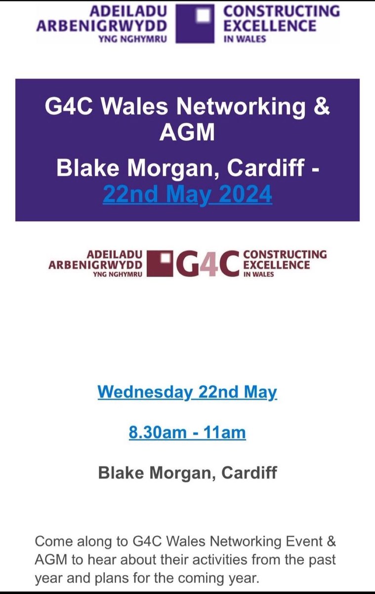 ✨Event Announcement - G4C AGM✨ Join us on 22nd May for our breakfast AGM where we will showcase activities from the past year and plans for the coming year. Link to book- cewales.org.uk/events/details… 📍Blake Morgan LLP, One Central Square, CF10 1FS 🗓️22nd May 2024 @ 8.30am 💷 free