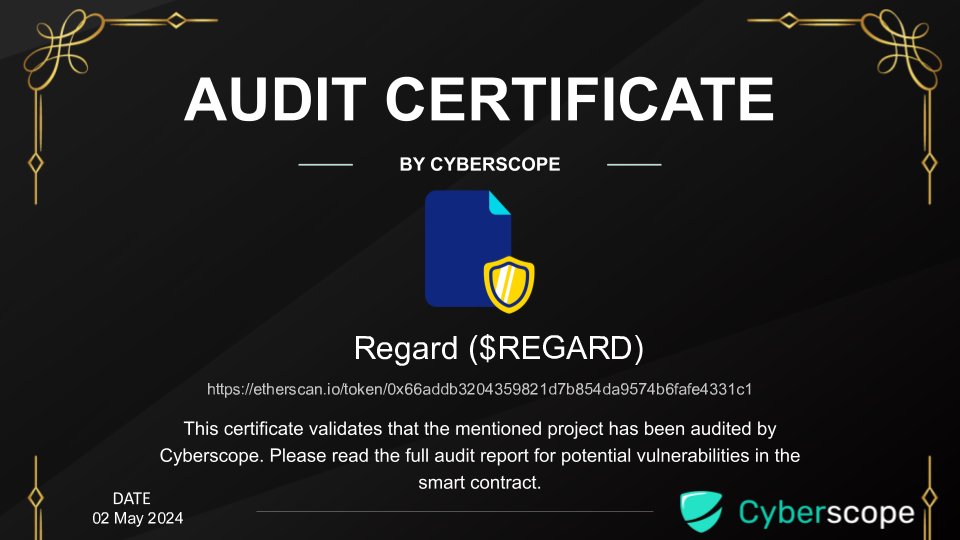 We just finished auditing @regardtoken Check the link below to see their full Audit report. cyberscope.io/audits/regard Want to get your project Audited? cyberscope.io #Audit #SmartContract #Crypto #Blockchain