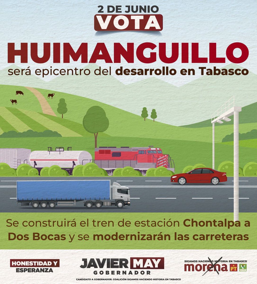 Hoy en Huimanguillo informaremos sobre la construcción del Tren de Estación Chontalpa a Dos Bocas, entre otros compromisos. Tendremos caminata en La Venta, reunión con transportistas, ganaderos, maestros y petroleros, y asamblea en Palo Mulato Viejo, Huapacal 2da y en el C-31.