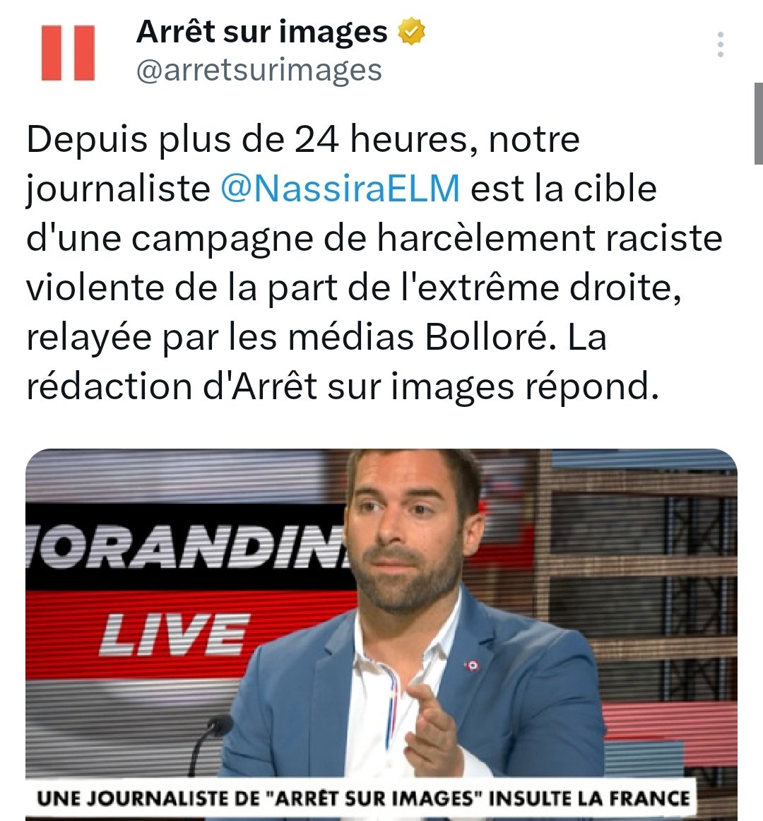 La France est tellement raciste que si tu oses le dire, des milliers de racistes te harcèlent, jusqu'aux médias racistes qui consacrent des heures d'antenne et des articles pour te lyncher en place publique, dans une violence intrinsèque à la droite raciste

Soutien @NassiraELM !