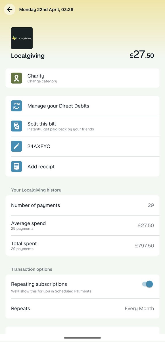 @monzo Give yourself a warm fuzzy feeling by looking at your regular charitable donations. I did it earlier for @FareShareYorks