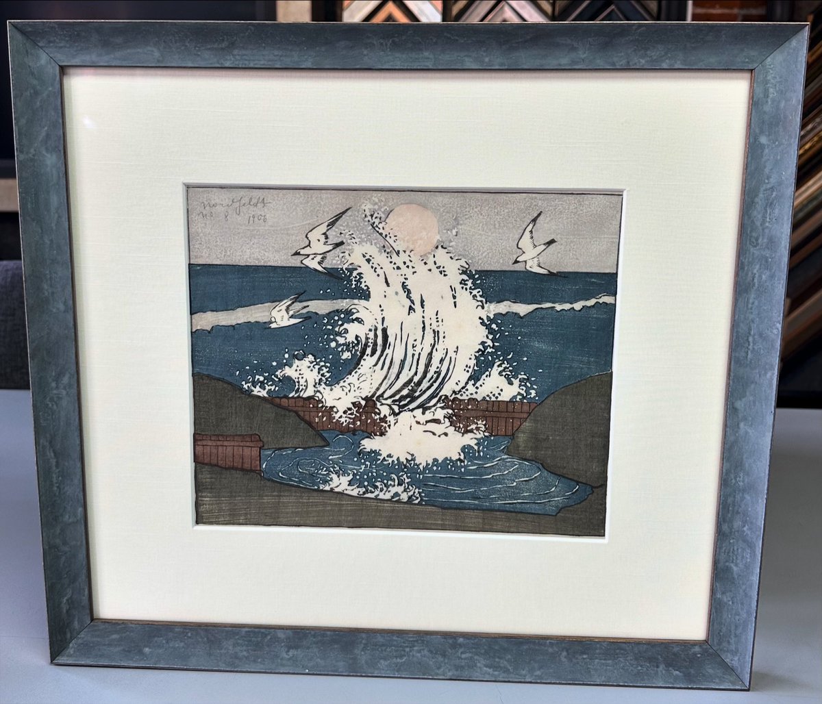 🌊 ‘The Wave, Moonrise, by Bror Julius Olsson Nordfeldt custom framed using linen matting, museum glass and frame by @BellaMoulding! #art #denver #colorado #pictureframing #customframing #5280customframing #brorjuliusolssonnordfeldt @truvueglazing @Crescent_CP