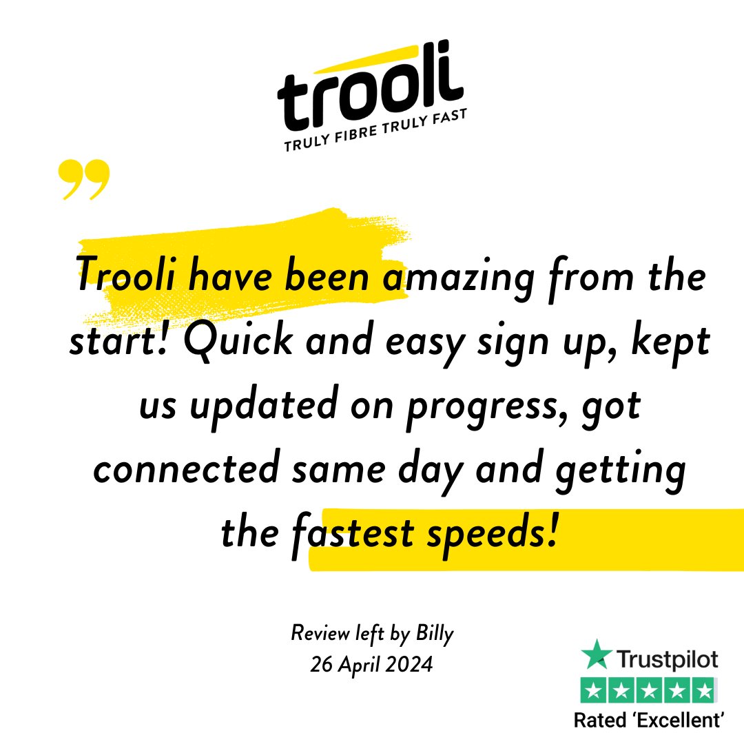 Billy's living the Trooli life! We love hearing about the speedy signup, clear updates, same-day connection, and those ultrafast speeds!
trooli.com

#fttp #fullfibre #internetserviceprovider #testimonialthursday #customertestimonial