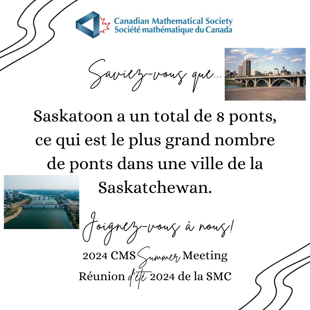 This is our last fun fact about Saskatoon! We hope to see you at the CMS Summer Meeting. C'est notre dernier fait amusant sur Saskatoon ! Nous espérons vous voir à la réunion d'été de la SMC. More info/Plus d'infos : summer24.cms.math.ca