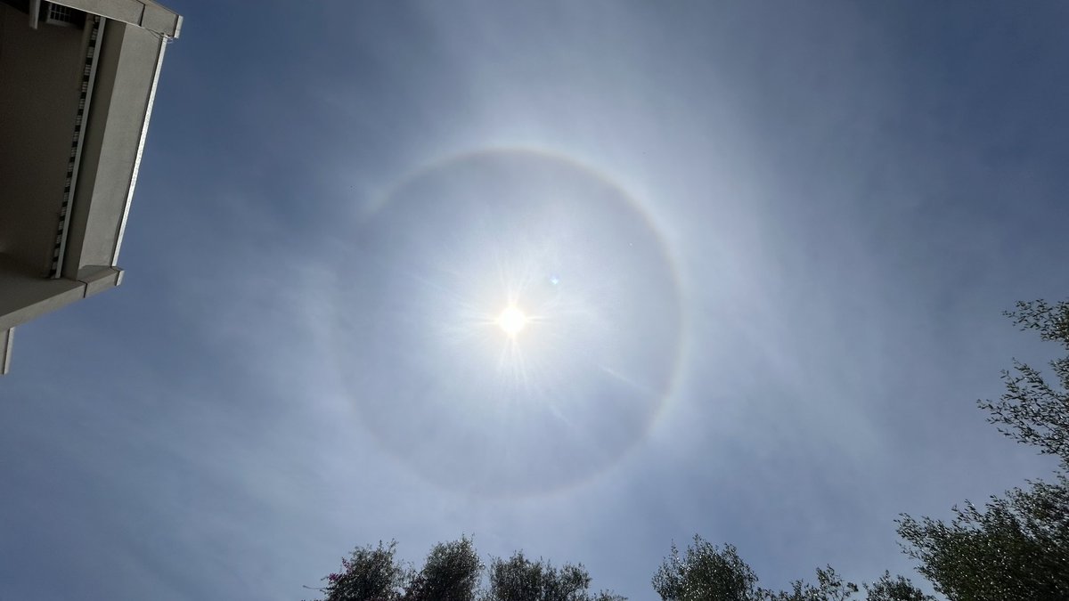 #Gibraltar - 02/05 - a stunning capture just now of a 22° #Solar #Halo - with many thanks to MeteoGib follower Ana Russo - generated by the refraction of the sunlight in the ice crystals of today's high cirrus clouds. #Meteorology #Weather #Phenomenon