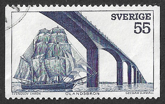 1972 Sweden Tourism Bark Meta, Bridge to the Island of Öland 55 öre #stamp #stampcollecting #stamps #philately #Sweden #tourism #bridges #sailingships #ships