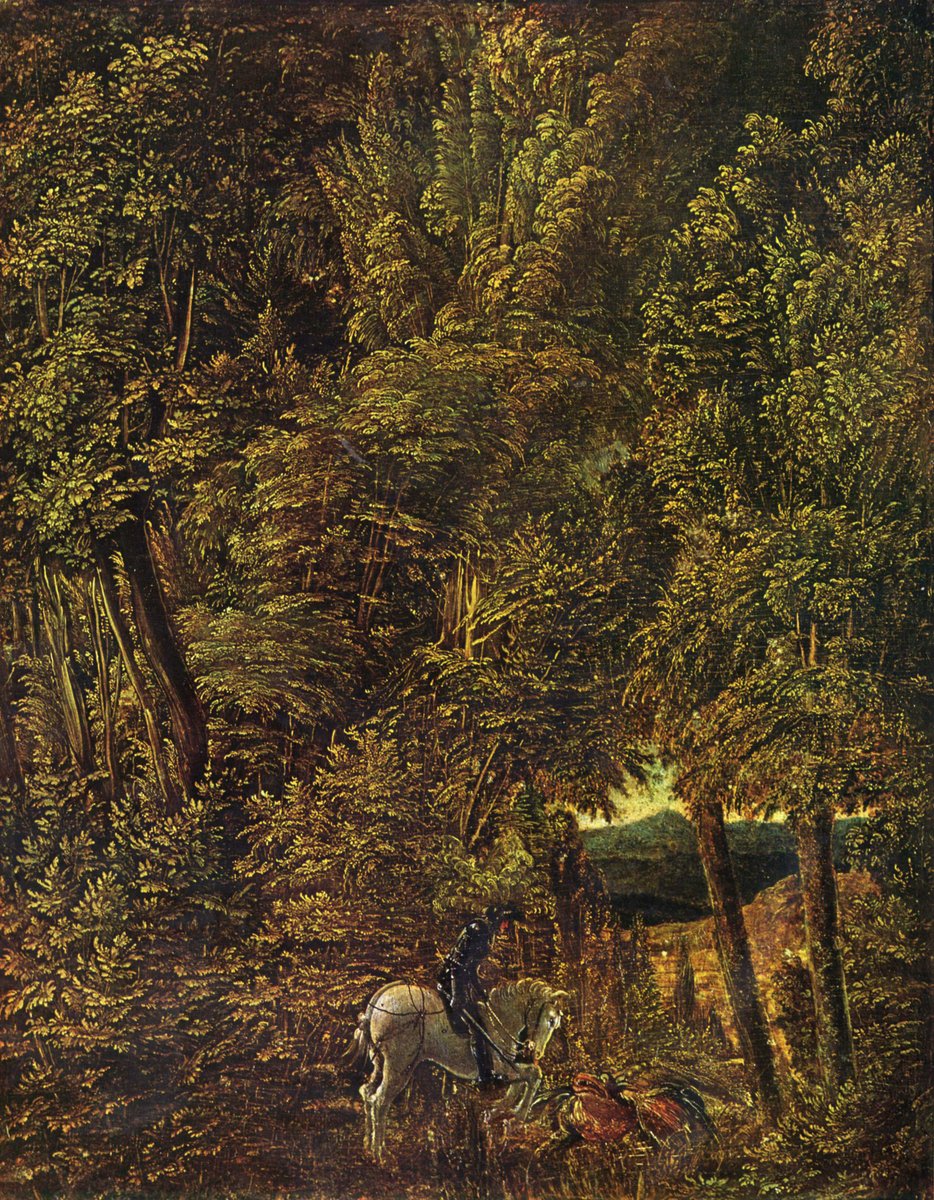 風景画の元祖的存在であるアルブレヒト・アルトドルファー（1480 －1538）の《森の中の聖ゲオルギウス》（1510）。28cm×22cmで、羊皮紙に油彩で描かれている。
観る者は視界を全て遮るような樹木の葉－絵具のタッチの中で、そこだけ穴がひらいているかの様な空間、遠くの山を発見する事になるだろう。