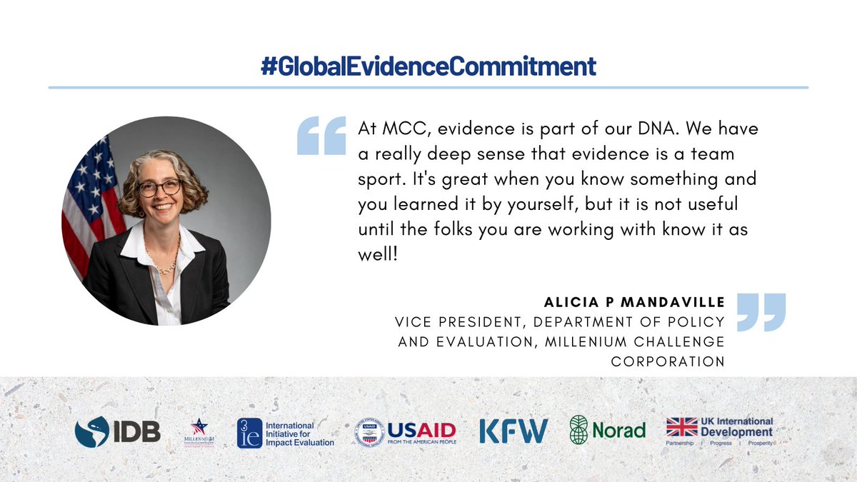 'As you explore different ways of cultivating and using #evidence, publishing it, and thinking through how others can use it, we could not resist signing something about evidence!'- #AliciaPhillips of @MCCgov at the #AgencyLearningAgenda on the #GlobalEvidenceCommitment…