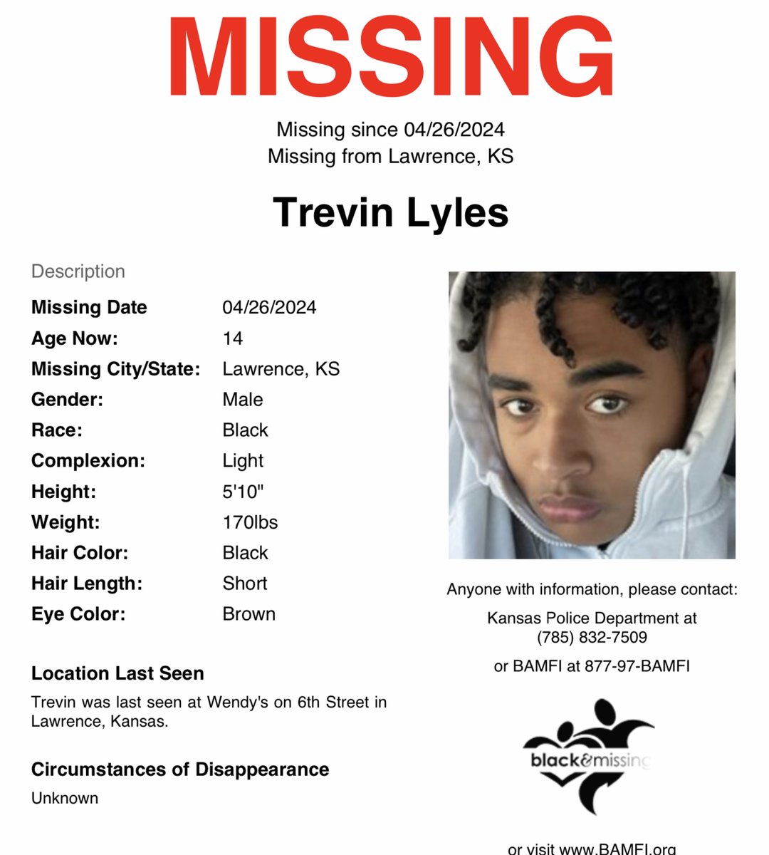 #Lawrence, #Kansas: 14y/o Trevin Lyles was last seen at Wendy's on 6th Street in Lawrence on April 26. Have you seen Trevin? #TrevinLyles