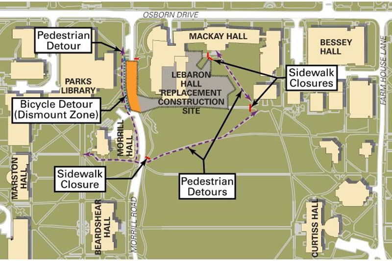 The LeBaron construction will impact Morrill Road, bus route. A section of Morrill adjacent to LeBaron Hall will close at the end of June for the duration of the building replacement project. Two-way traffic will be allowed on the south end of the road. shar.es/agsEtu