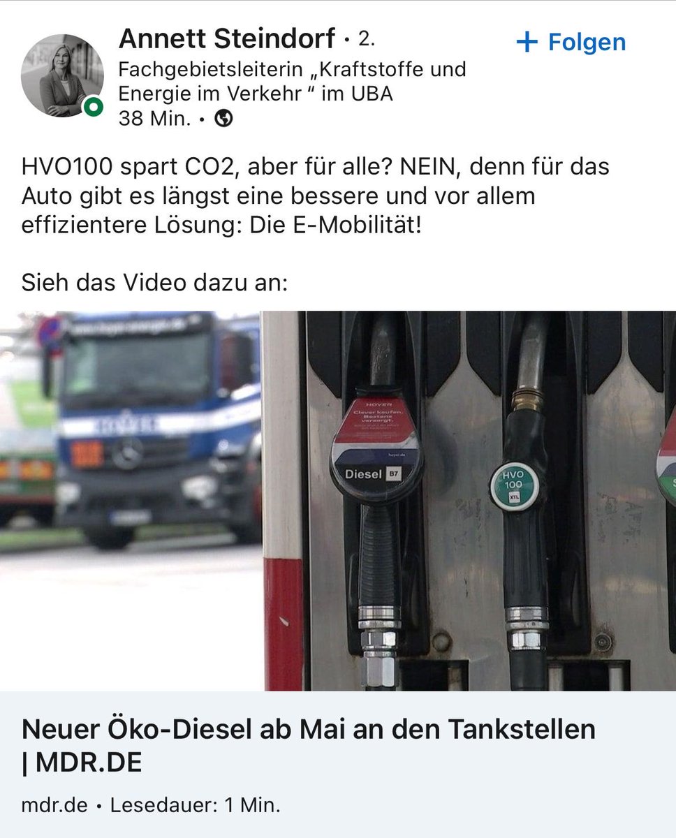 #BMUV lässt #HVO100 als neuen Kraftstoff zu und begründet dies u.a. mit Klimaschutzaspekten.
#UBA-Mitarbeiterin scheint diese Entscheidung des BMUV gar nicht gut zu finden u setzt Dualismus auf u einseitig auf Antriebswechsel. Deutschland 2024.