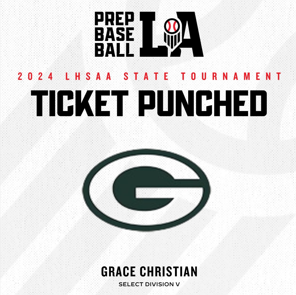 🎟️ 𝐓𝐢𝐜𝐤𝐞𝐭 𝐏𝐮𝐧𝐜𝐡𝐞𝐝 We’ll see the Select Division V #2 seed Grace Christian in Sulphur, LA next week for the 2024 @LHSAAsports State Tournament! #BeSeen @prepbaseball | @AlexArmandPBR